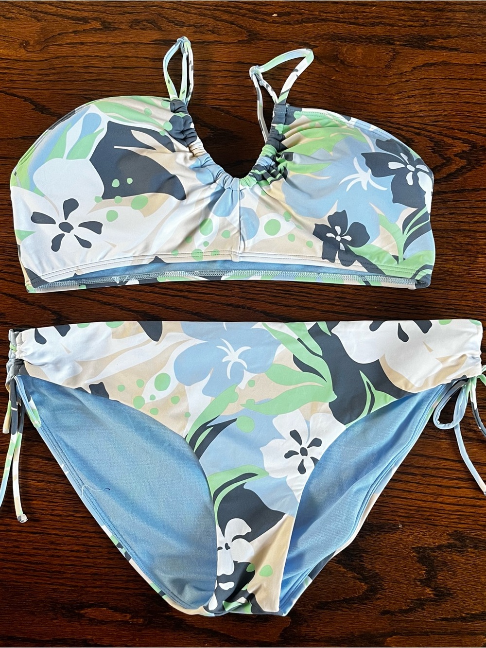 Roxy Floral Bandeau Bikini in Blue, Green Hawaiian 🌺 Hibiscus Flowers XL NWOT